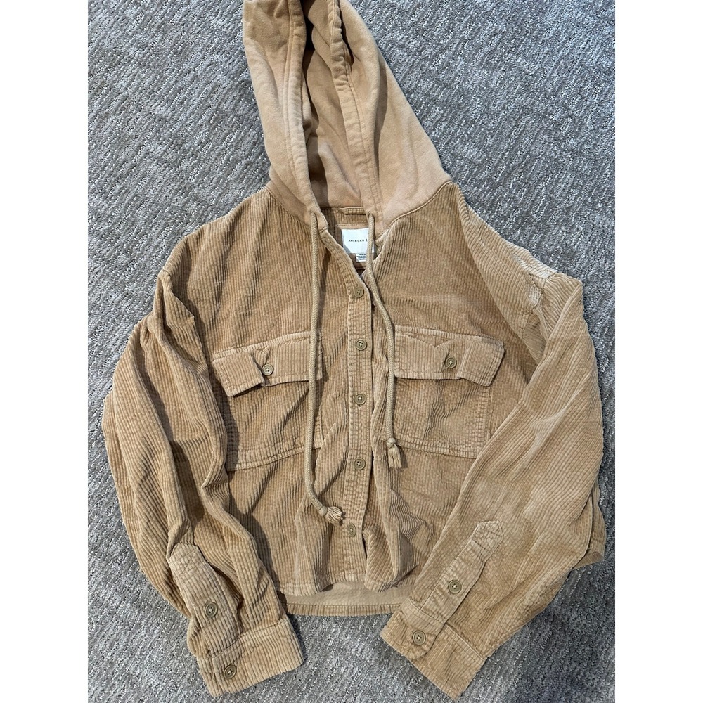 American Eagle Women Tan Corduroy Hooded Shirt Jacket Cropped Shacket Medium - Picture 1 of 3